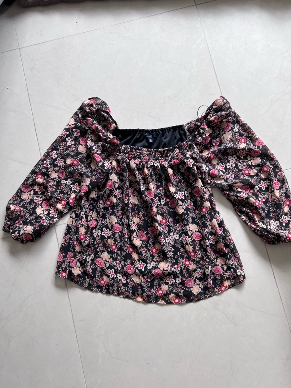 NWT- Women's Black Floral Off-Shoulder Blouse with Pink Accents-Size Medium